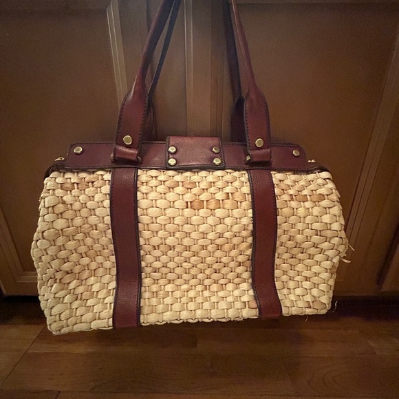 Fossil Natural Straw Brown Leather Trim Satchel Purse - Picture 12 of 15